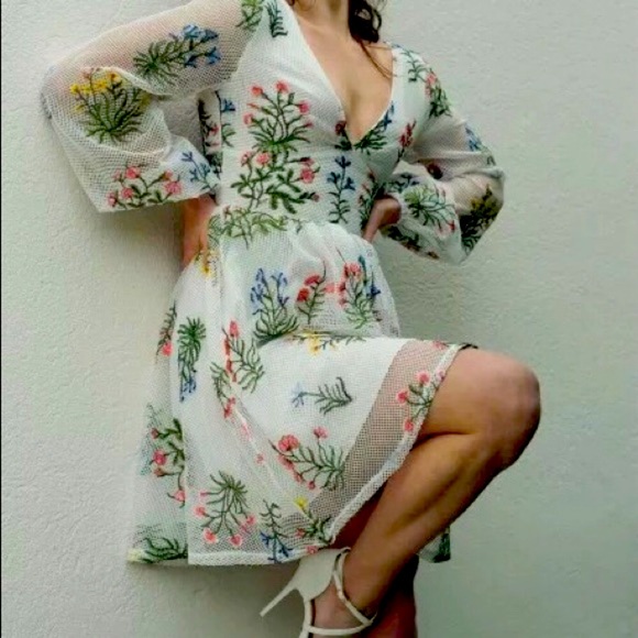 New A line Mesh Embroidered Puff Sleeve Dress - Picture 3 of 5